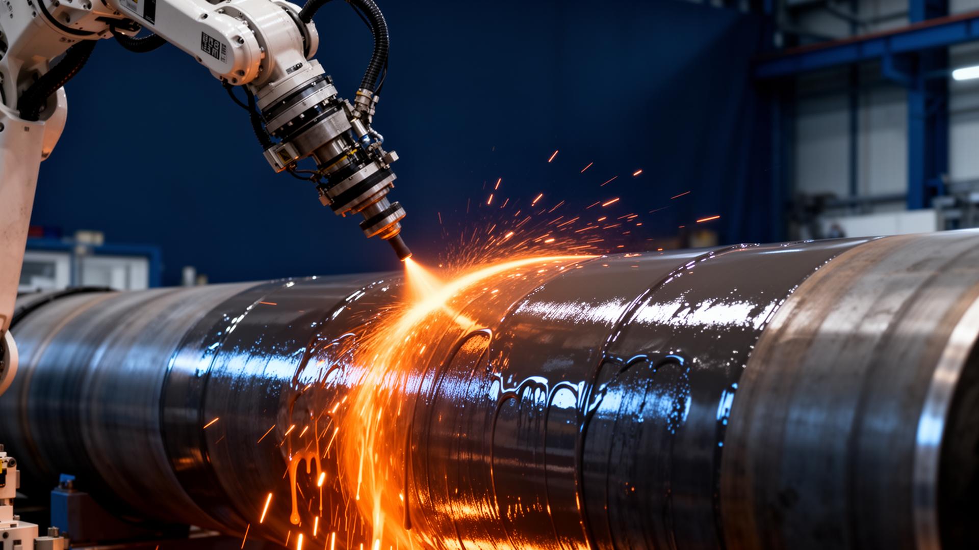 Robotic spray application of industrial polyurethane coating on a steel pipeline