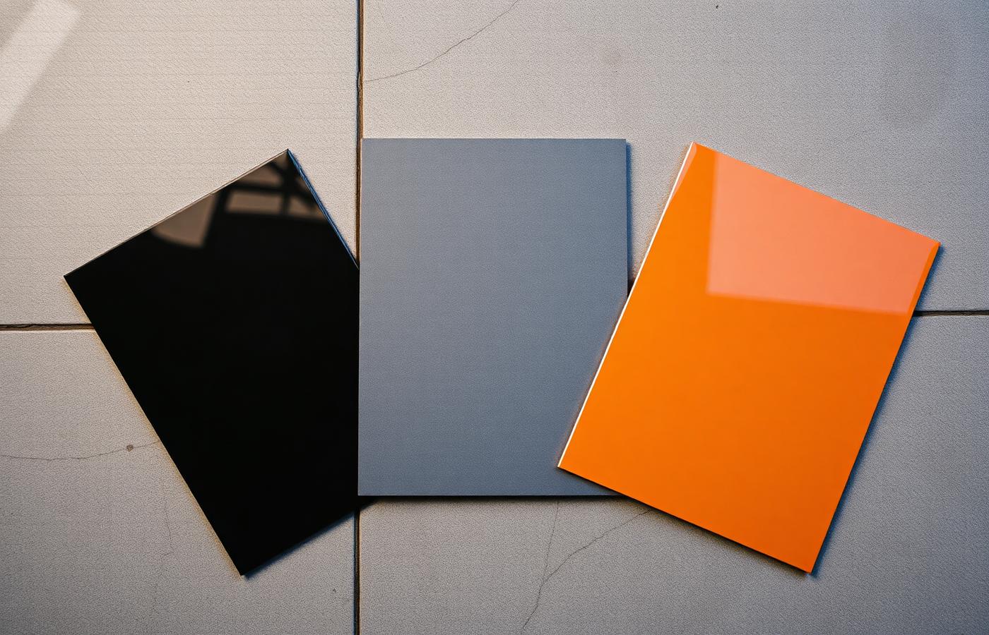 Cured sample panels of black anti-corrosive, grey epoxy floor and amber PU coatings